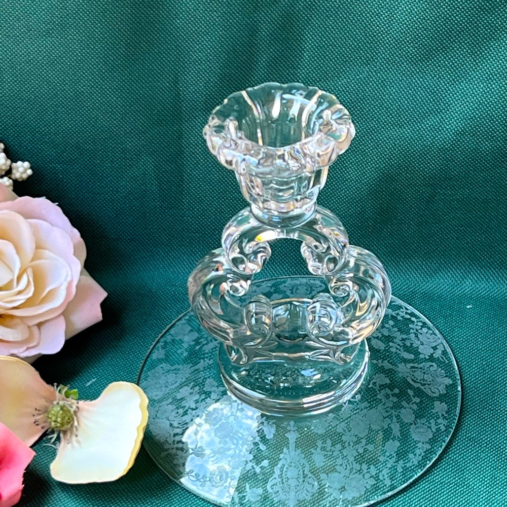 candle holder by Cambridge Glass in the Rose Point Etch.
